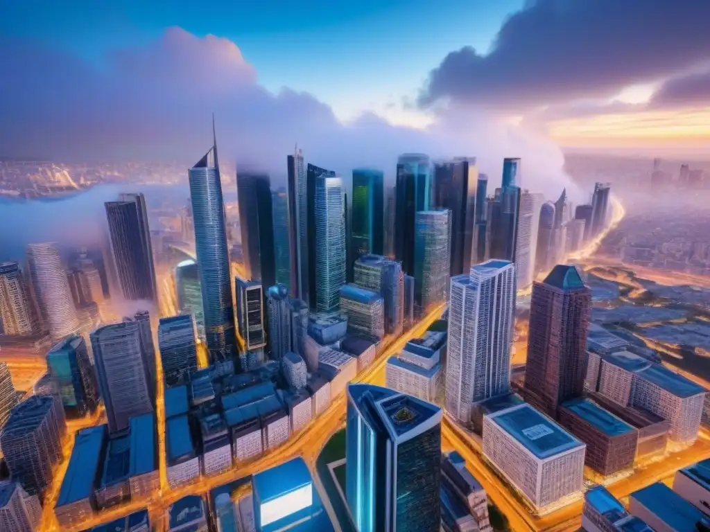 Horizonte futurista: ciudad nocturna vibrante y moderna Vibrante ciudad futurista con rascacielos iluminados por luces de neón, reflejando Inversiones inmobiliarias comerciales internacionales 2023