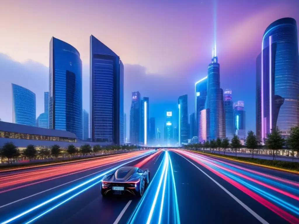 Metrópolis futurista: datos inmobiliarios en tiempo real Vibrante ciudad futurista al anochecer con rascacielos iluminados y datos en tiempo real de transacciones inmobiliarias
