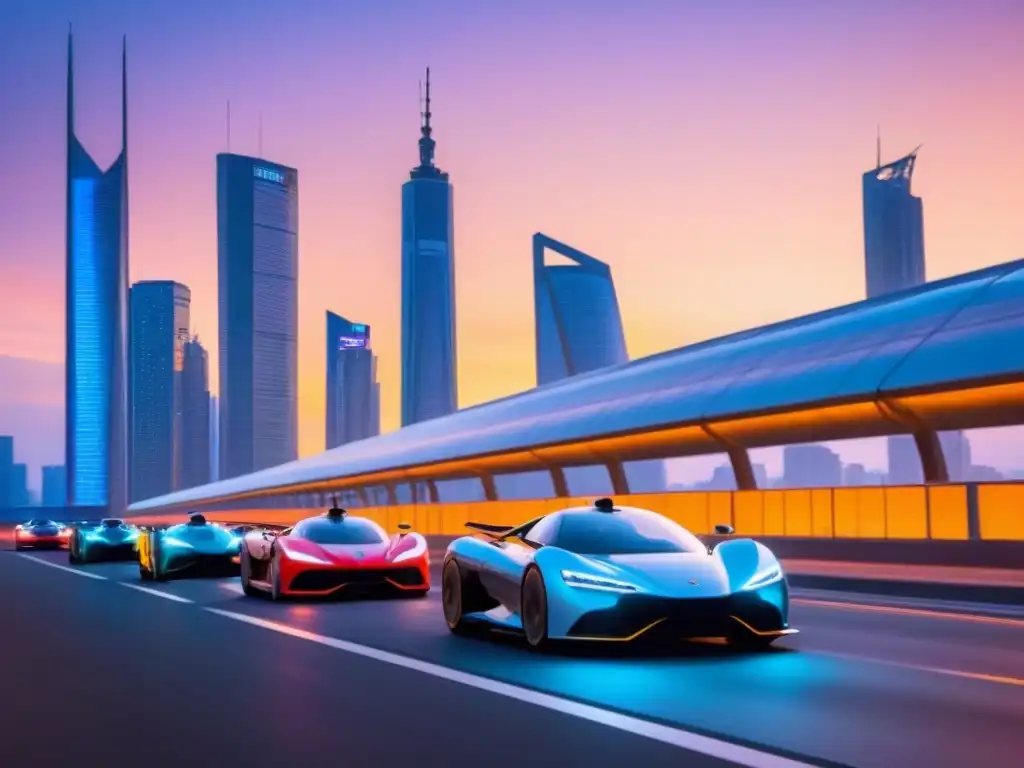 Metrópolis futurista: cielo vibrante sobre rascacielos y hovercars Vibrante ciudad futurista con rascacielos únicos, hovercars y hologramas, bajo un atardecer cálido
