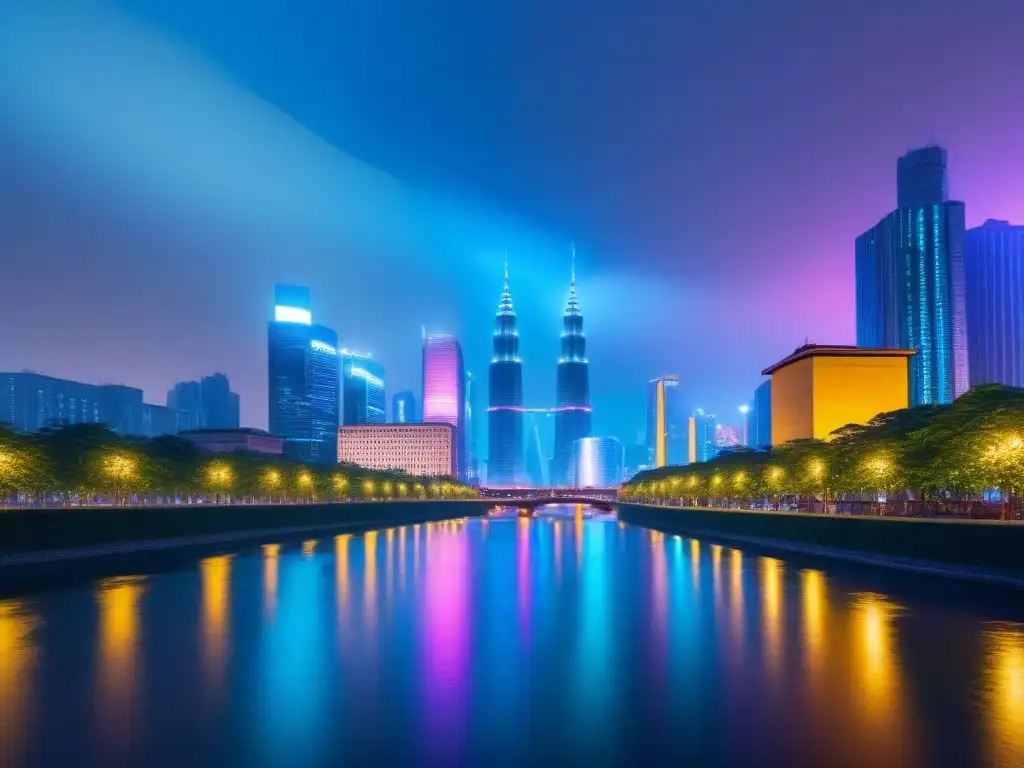 Metrópolis futurista: luces neón en arquitectura sostenible Vibrante ciudad futurista al anochecer, con rascacielos iluminados y diseño sostenible