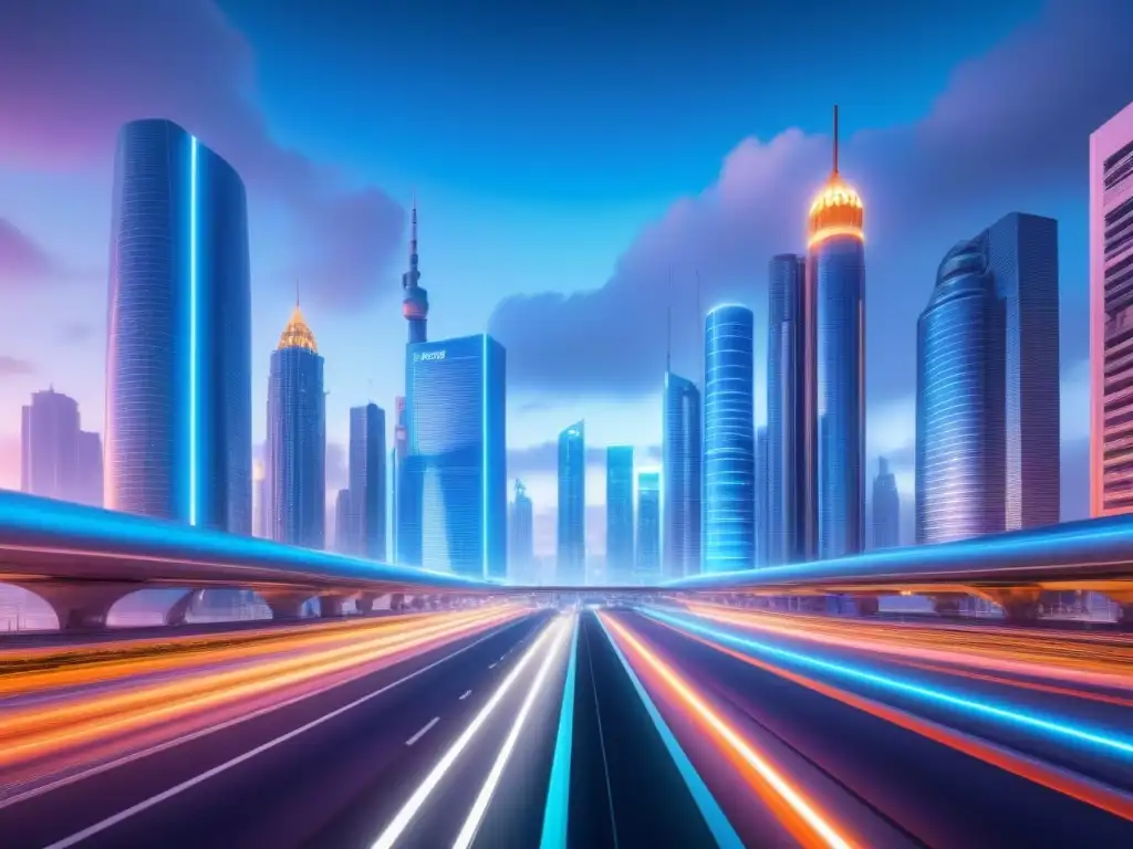 Vibrante ciudad futurista con rascacielos y vehículos autónomos, iluminada por luces de neón