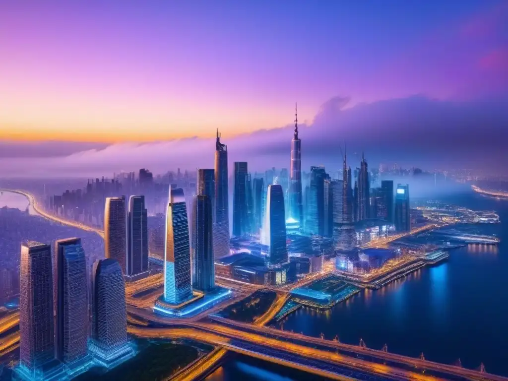 Metrópolis futurista: oportunidades residenciales innovadoras Vibrante ciudad futurista al anochecer con rascacielos brillantes y luces neón, ideal para financiamiento residencial para inversores internacionales