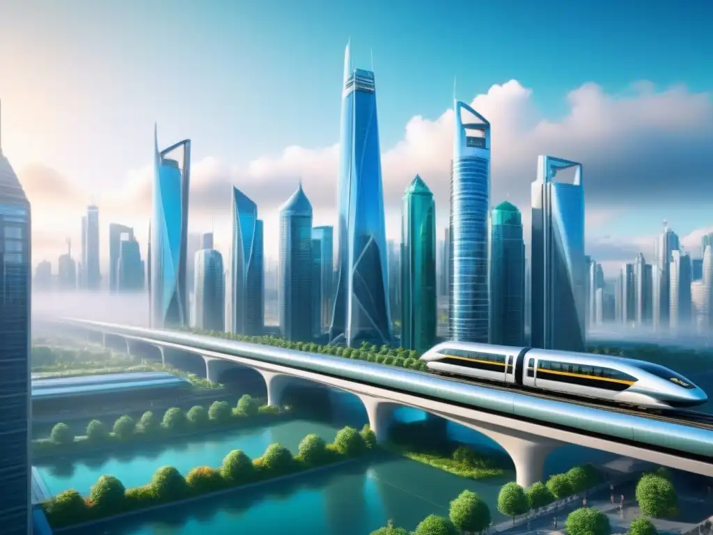 Metrópolis futurista: innovación y oportunidad en inversión inmobiliaria Vibrante ciudad futurista con rascacielos y transporte avanzado, reflejando el financiamiento para inversión inmobiliaria internacional