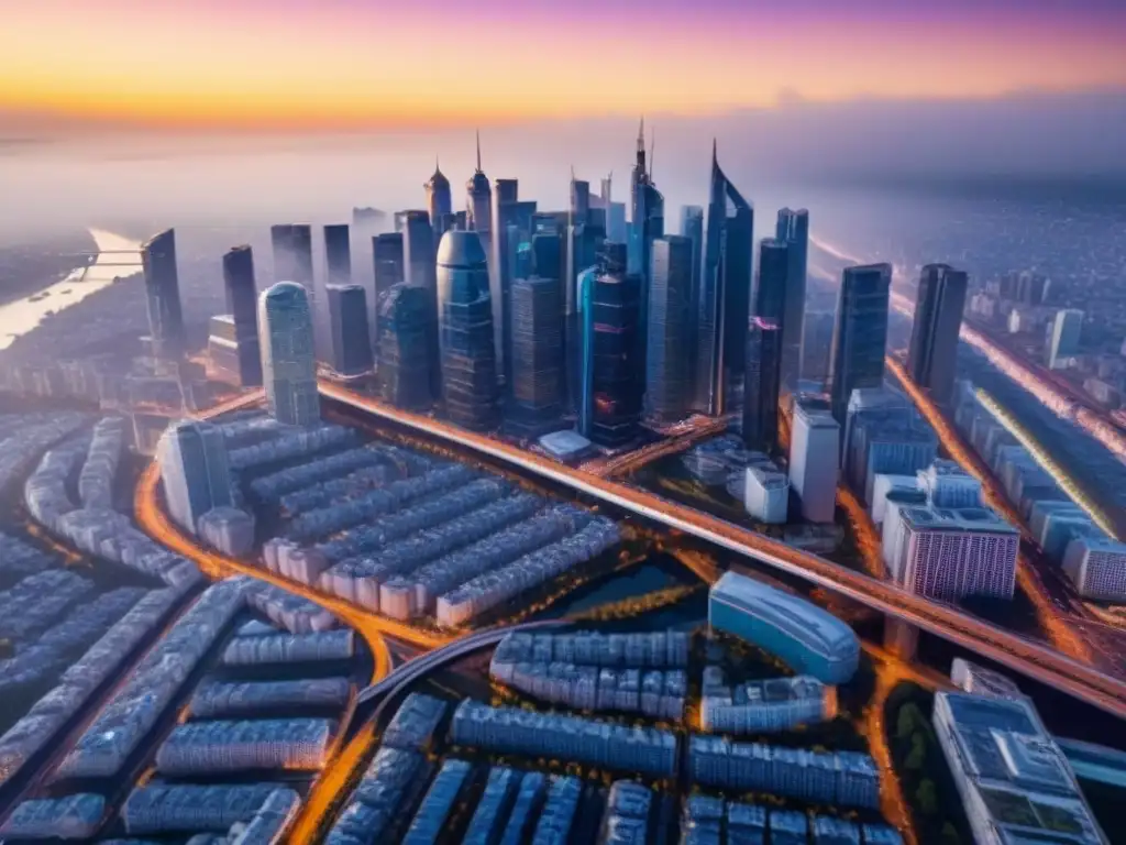 Horizonte urbano futurista al atardecer: ciudad internacional en movimiento Vibrante ciudad futurista con rascacielos modernos y tráfico rápido al atardecer, mercado inmobiliario internacional economía global