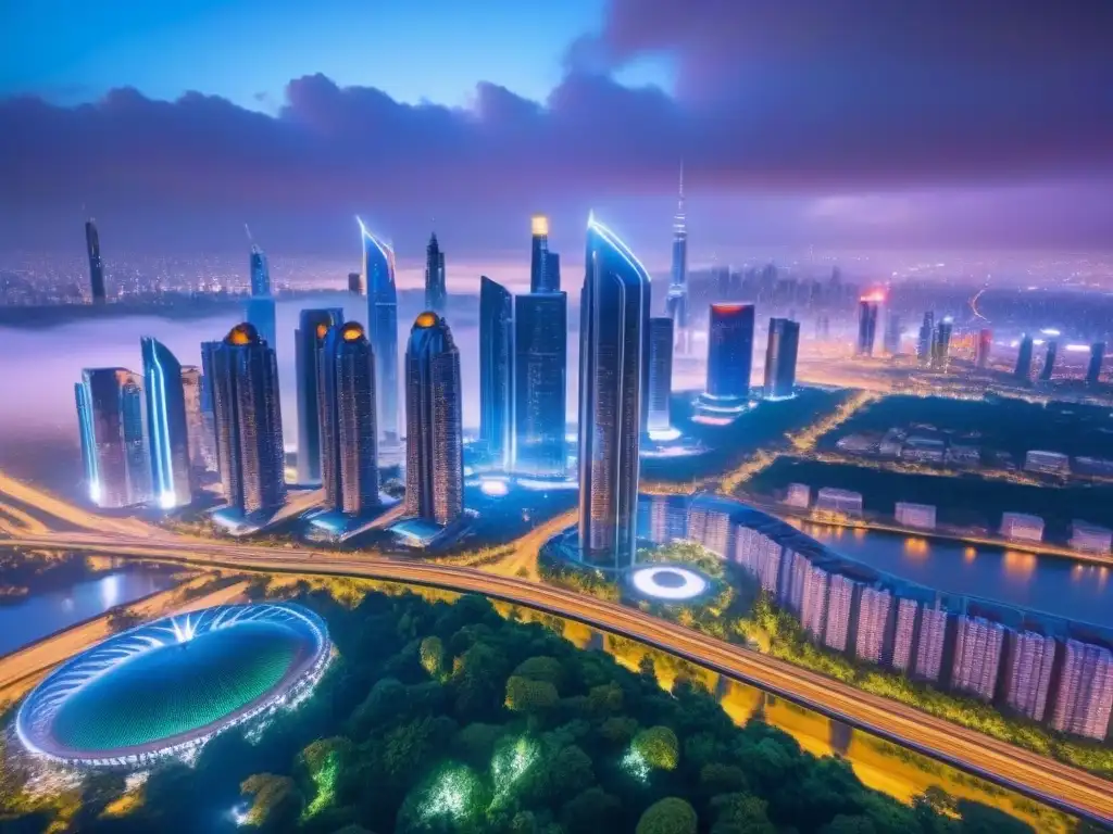 Metrópolis futurista: luces neón y arquitectura innovadora Vibrante ciudad futurista con rascacielos de vidrio, trenes de alta velocidad y autos voladores en un mercado inmobiliario emergente a nivel global