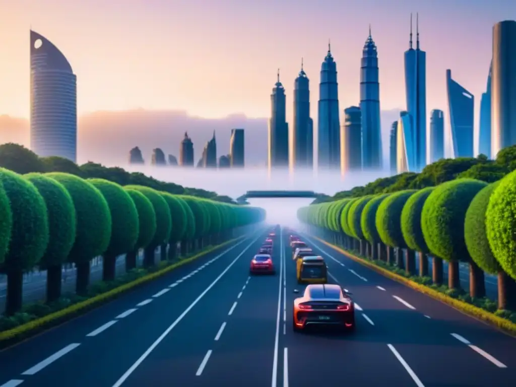 Horizonte urbano futurista: rascacielos, naturaleza y diversidad Vibrante ciudad futurista con rascacielos, mercados y naturaleza