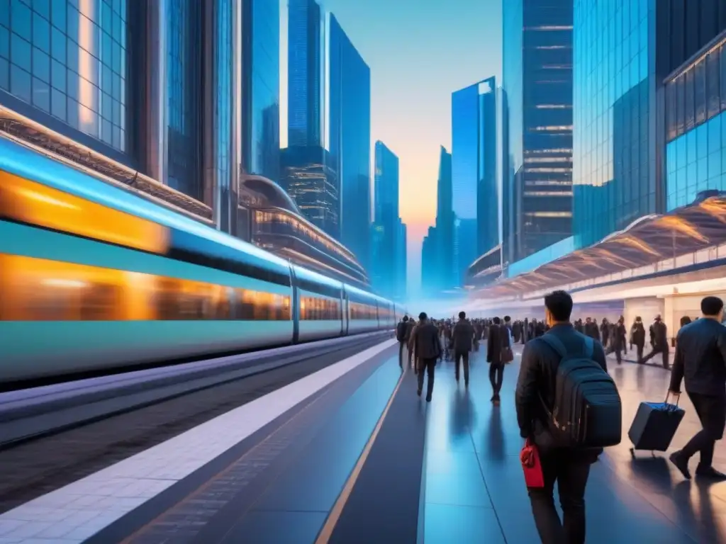 Metrópolis futurista: migración y capital inmobiliario en 2023 Vibrante ciudad futurista al anochecer con rascacielos relucientes y avanzados sistemas de transporte