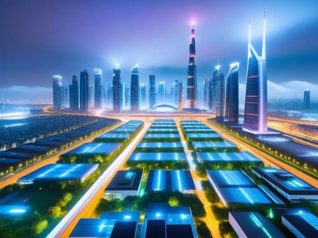 Futurismo urbano: ciudad vibrante con tecnología avanzada Vibrante ciudad futurista con rascacielos modernos iluminados y transporte avanzado