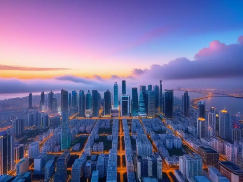 Horizonte urbano futurista en 8k: rascacielos innovadores y luces neón Vibrante ciudad futurista al anochecer, con rascacielos iluminados por luces neón, reflejo del mercado inmobiliario global