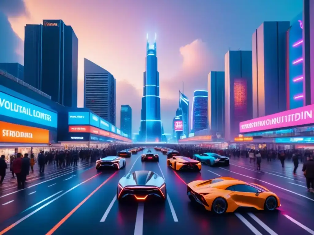 Metrópolis futurista: skyline innovador y tecnología avanzada Vibrante ciudad futurista al anochecer, con rascacielos innovadores iluminados y tecnología avanzada