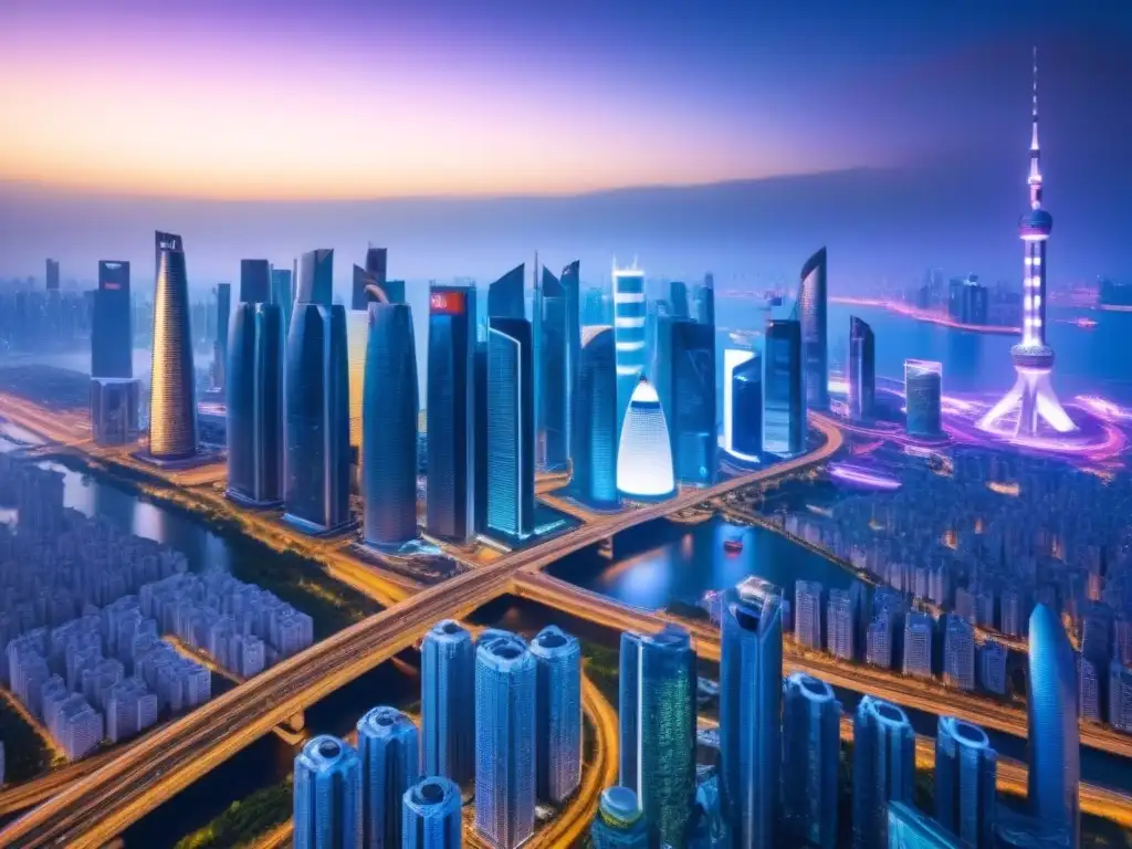 Metrópolis futurista: inversión global en bienes raíces Vibrante ciudad futurista con rascacielos, tecnología avanzada y datos financieros, simbolizando inversiones inmobiliarias internacionales tecnología