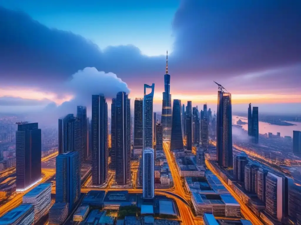 Horizonte futurista: ciudad innovadora en crepúsculo Vibrante ciudad futurista al anochecer con rascacielos innovadores y bulliciosa actividad callejera