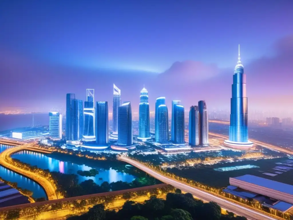 Metrópolis futurista: crecimiento y prosperidad en mercados emergentes Vibrante ciudad futurista al anochecer, con rascacielos iluminados y gráficos holográficos