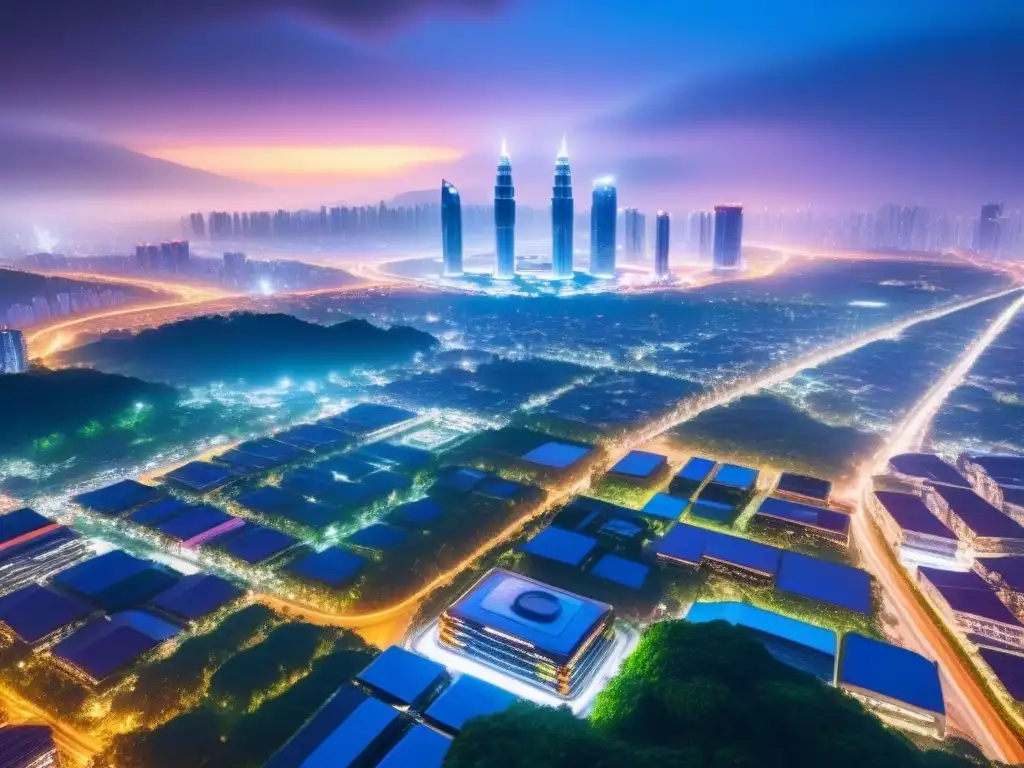 Metrópolis futurista en Asia: innovación urbana y tecnológica Vibrante ciudad futurista en Asia con rascacielos innovadores y transportes eficientes