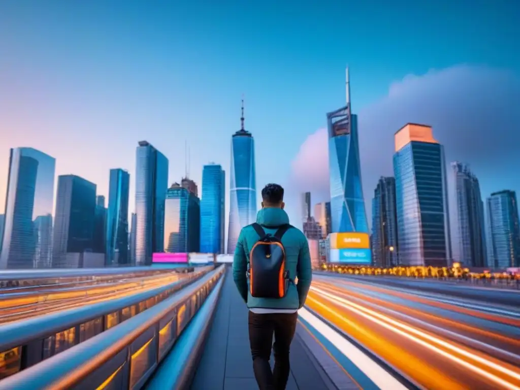 Horizonte urbano futurista iluminado al anochecer Vibrante ciudad futurista al anochecer, destacando rascacielos iluminados y jóvenes profesionales en distrito financiero
