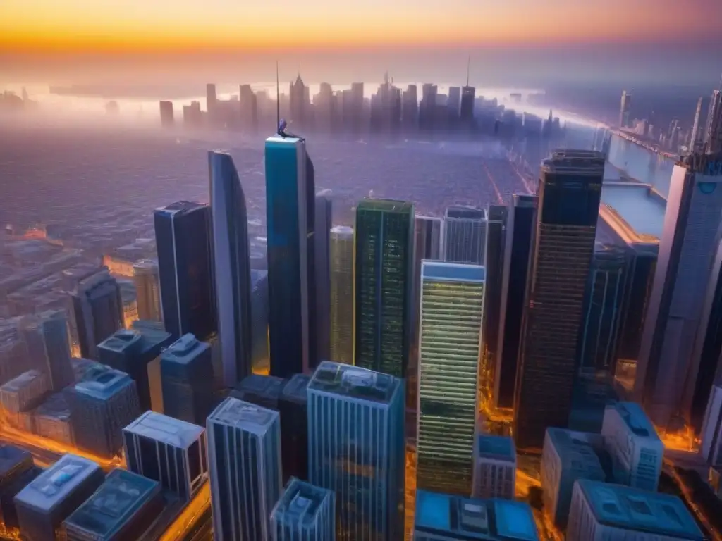 Metrópolis futurista: atardecer radiante en la ciudad 8k Vibrante ciudad futurista con rascacielos modernos iluminados por el sol poniente