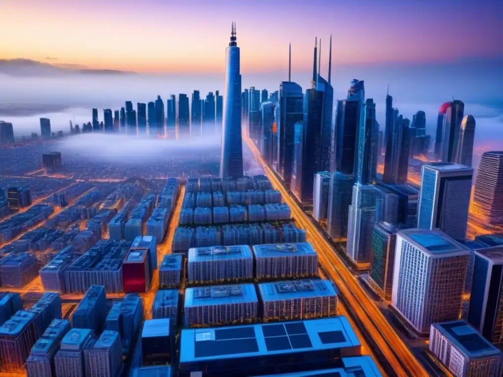Metrópolis futurista en 8k: luces 5G y realidad aumentada Vibrante ciudad futurista al anochecer, con rascacielos iluminados por pantallas digitales 5G
