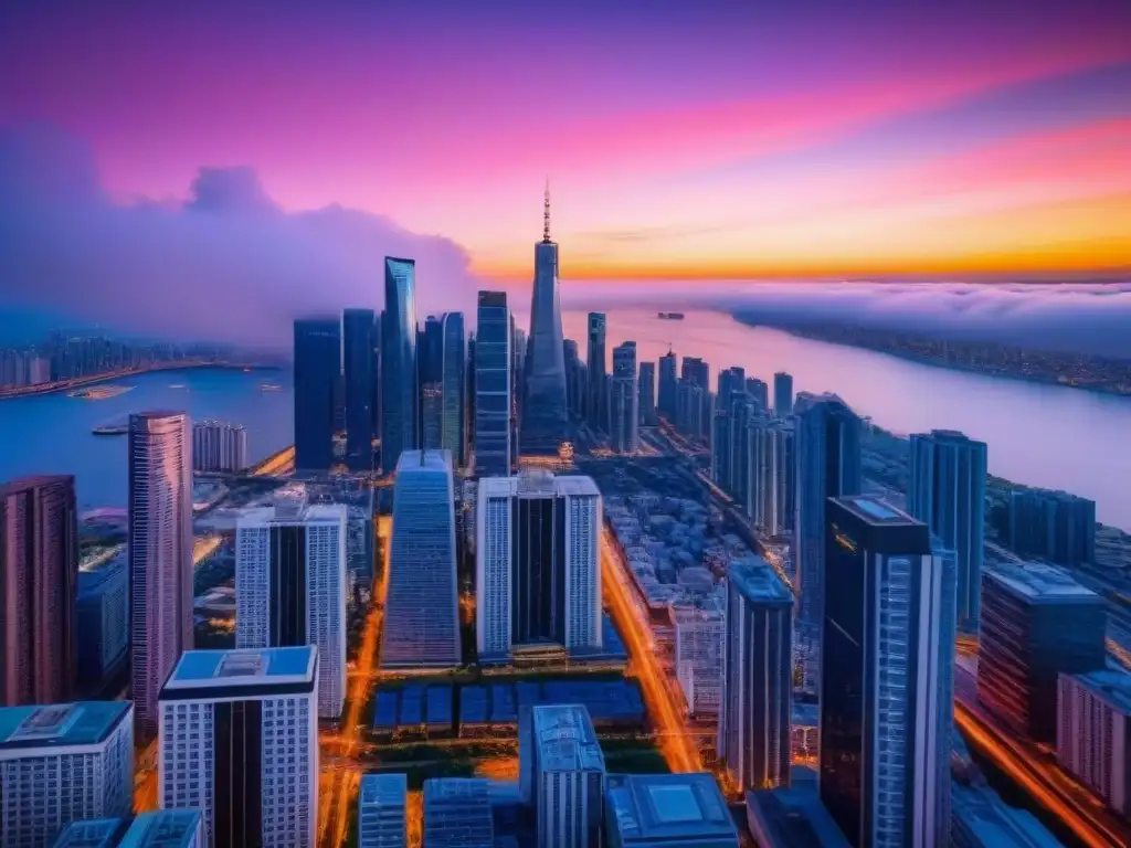 Horizonte urbano futurista iluminado por la puesta de sol Vibrante ciudad futurista con rascacielos iluminados al atardecer