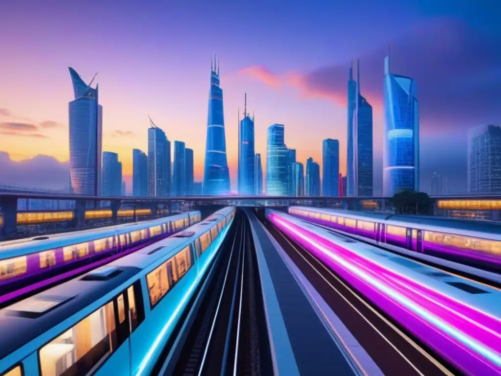 Vibrante ciudad futurista al anochecer con rascacielos y trenes de alta velocidad, reflejando proyecciones del mercado inmobiliario fronterizo