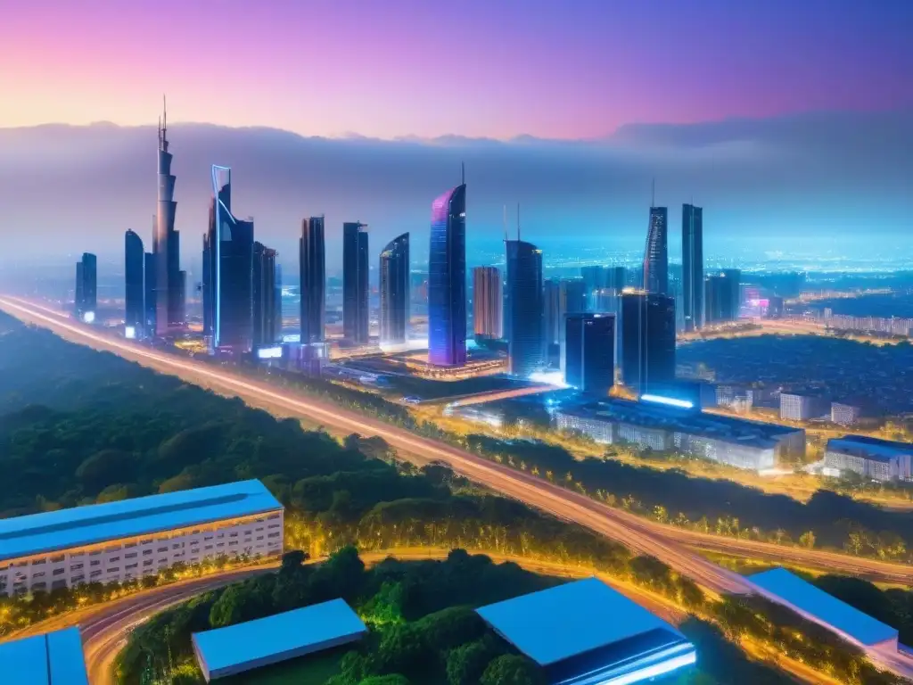 Vibrante ciudad futurista al anochecer con rascacielos innovadores iluminados por luces neón, rodeada de vegetación exuberante