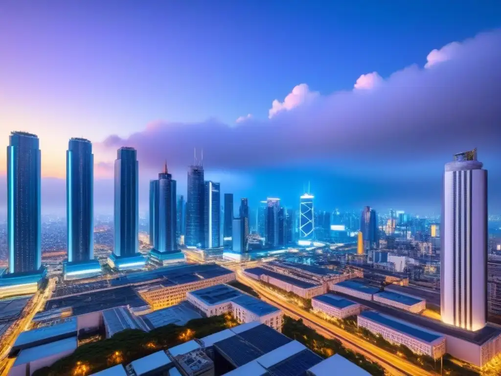 Inversiones globales: Ciudad futurista al anochecer Vibrante ciudad futurista al anochecer con rascacielos innovadores iluminados por luces neón, mercado fronterizo redefiniendo juego inmobiliario