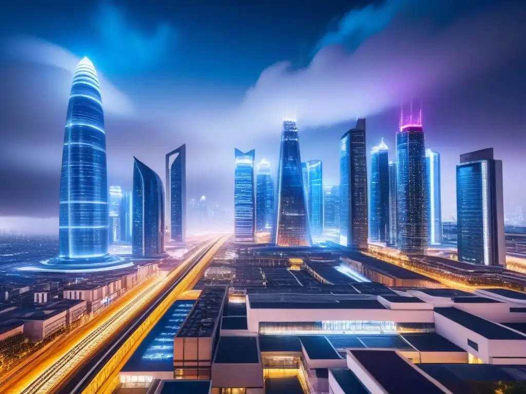 Metrópolis futurista en 8k: luces y avances tecnológicos Vibrante ciudad futurista con rascacielos iluminados y transporte avanzado, reflejando derechos de propiedad en inversiones internacionales
