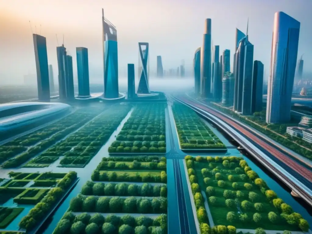Metrópolis futurista: armonía entre naturaleza y arquitectura moderna Vibrante ciudad futurista con rascacielos elegantes y áreas verdes integradas, reflejando el impacto de la migración en proyectos inmobiliarios