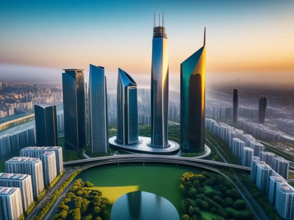 Metropolis futurista: innovación y prosperidad al atardecer Vibrante ciudad futurista con rascacielos y parques, iluminada por el sol poniente