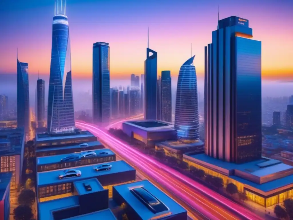 Metrópolis futurista: skyline urbano con luces neón y tecnología avanzada Vibrante ciudad futurista al anochecer con rascacielos iluminados, autos autónomos y tecnología urbana