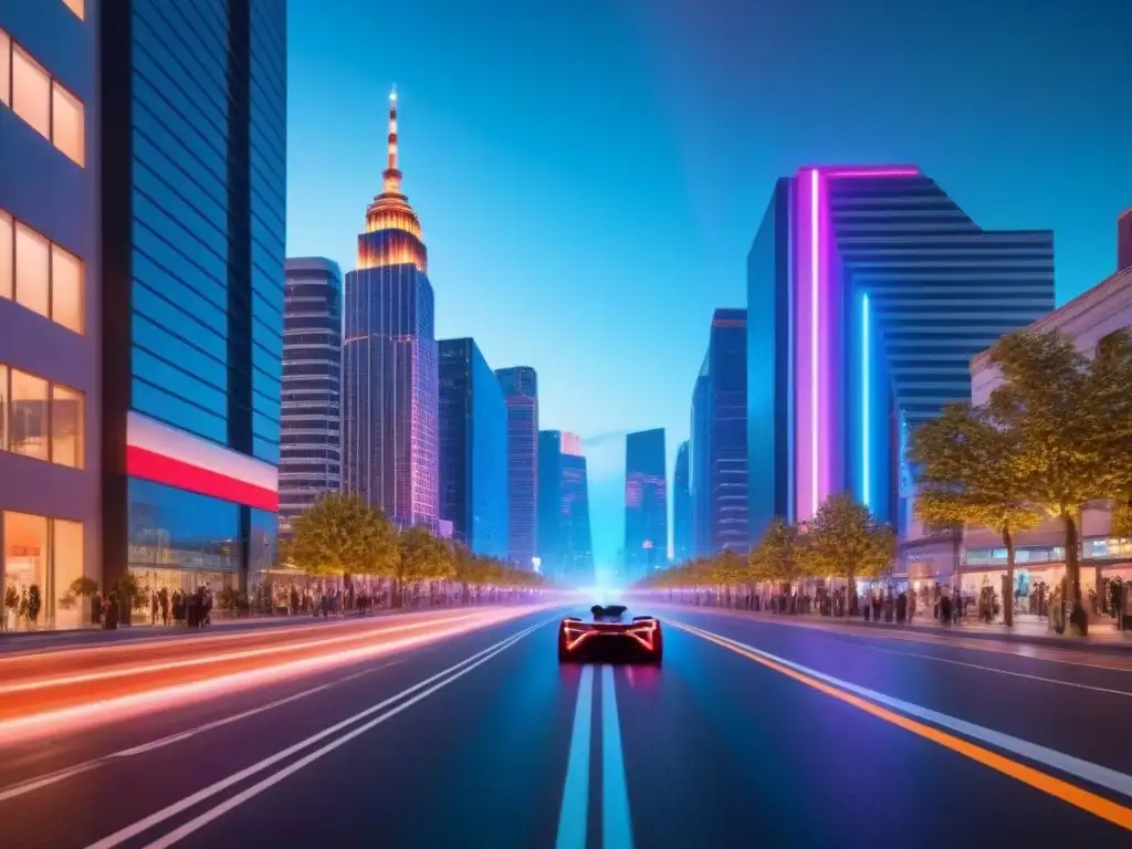 Metrópolis futurista: luces neón y tecnología avanzada en Norteamérica Vibrante ciudad futurista al anochecer con rascacielos, vehículos autónomos y drones