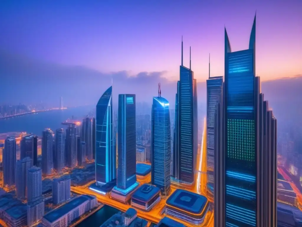 Metrópolis futurista: inversión inmobiliaria internacional Vibrante ciudad futurista al anochecer con rascacielos, luces neón y bulliciosas calles