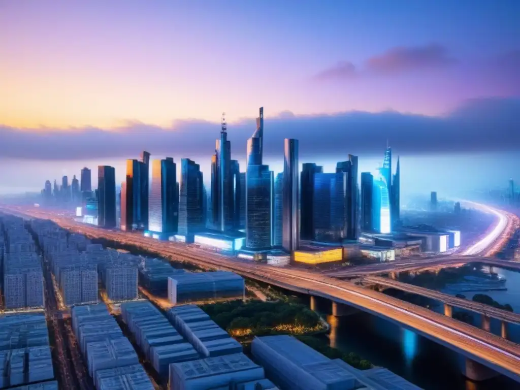 Metrópolis futurista: luces y hologramas en la ciudad del mañana Vibrante ciudad futurista al anochecer con rascacielos iluminados y sistemas de transporte avanzados, reflejando una fusión de tecnología e innovación