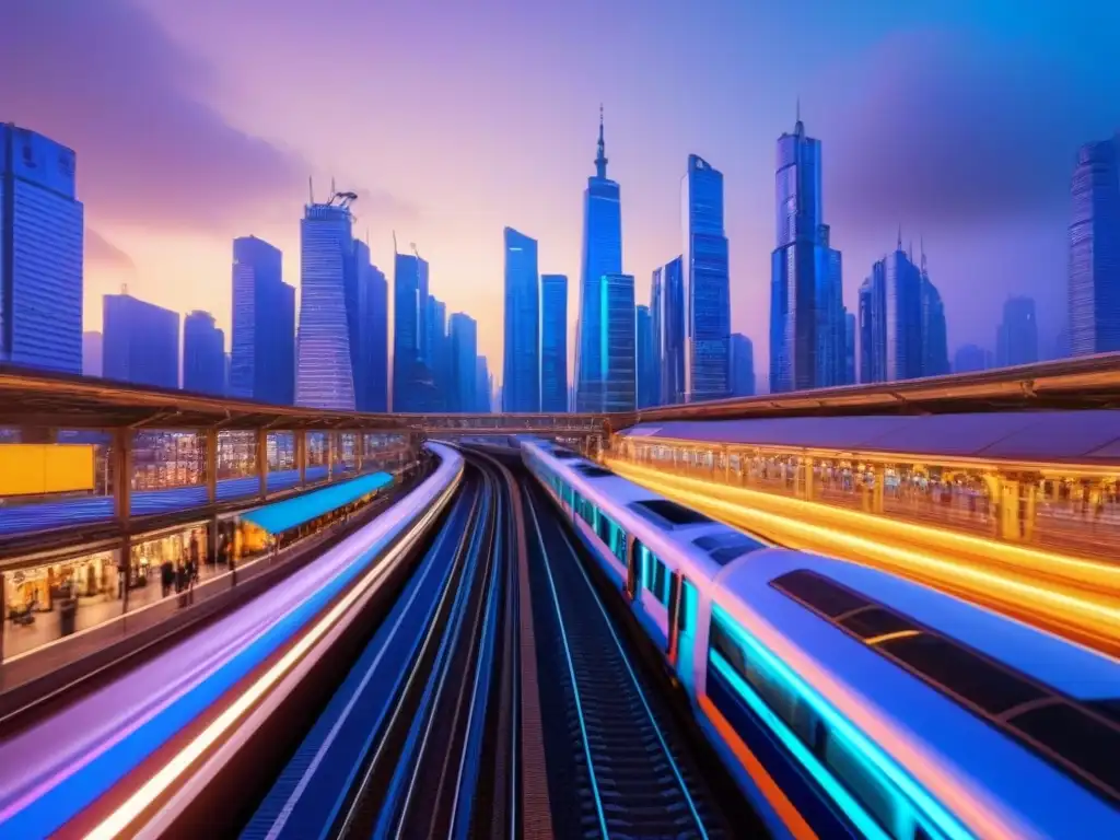 Metrópolis futurista con luces de neón y tecnología avanzada Vibrante ciudad futurista al anochecer con rascacielos iluminados y trenes de alta velocidad, destacando la integración tecnológica en un metrópolis