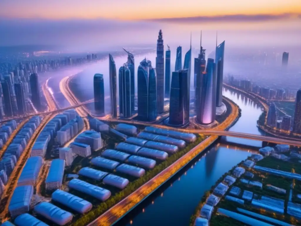 Metrópolis futurista: luces y tecnología en cityscape global Vibrante ciudad futurista al anochecer con rascacielos y vehículos autónomos, ideal para inversiones inmobiliarias internacionales rentables