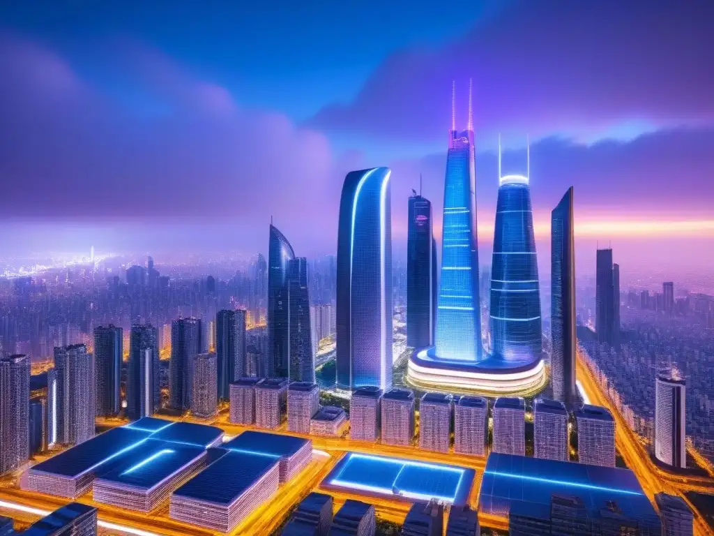 Metrópolis futurista: mercado inmobiliario global de vanguardia Vibrante ciudad futurista con rascacielos y mercados inmobiliarios internacionales, reflejando las tendencias marketing inmobiliario internacional