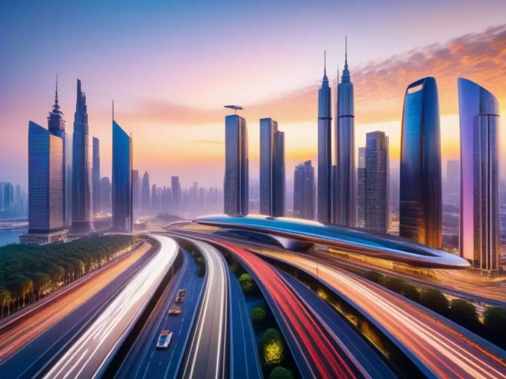 Horizonte futurista: ciudad moderna en atardecer vibrante Vibrante ciudad futurista con rascacielos modernos reflejando la puesta de sol dorada