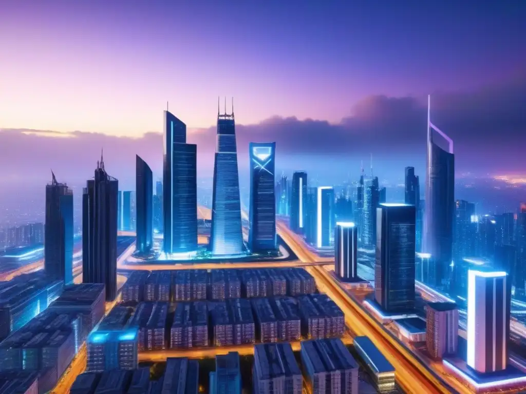 Metrópolis futurista al atardecer: innovación y potencial inmobiliario Vibrante ciudad futurista al anochecer con rascacielos innovadores y profesionales en conversaciones animadas