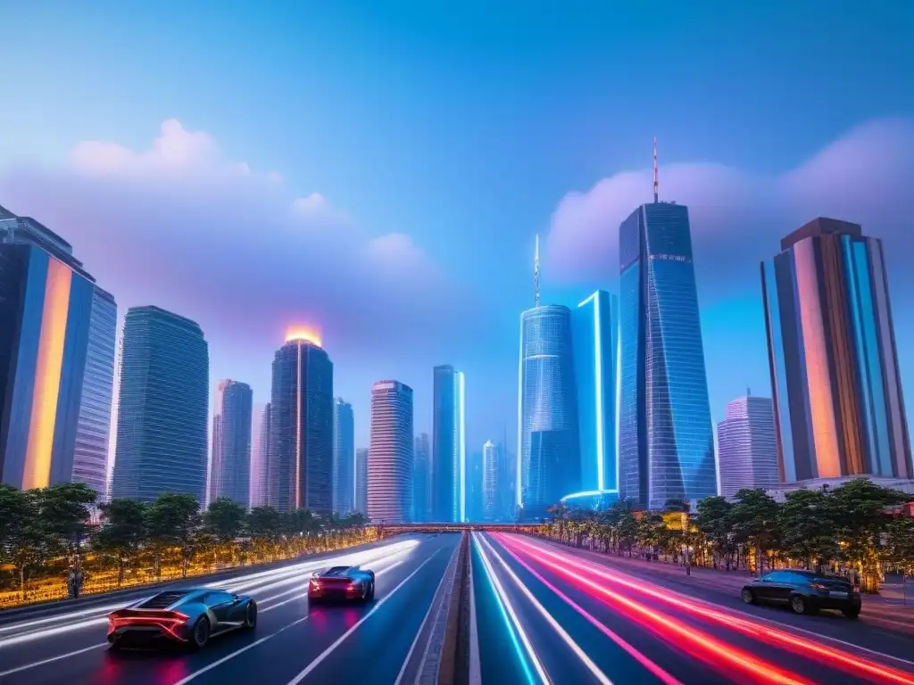Metrópolis futurista: innovación inmobiliaria en la ciudad tecnológica Vibrante ciudad futurista al anochecer, con rascacielos de vidrio iluminados por luces neón y tecnología innovadora en el sector inmobiliario