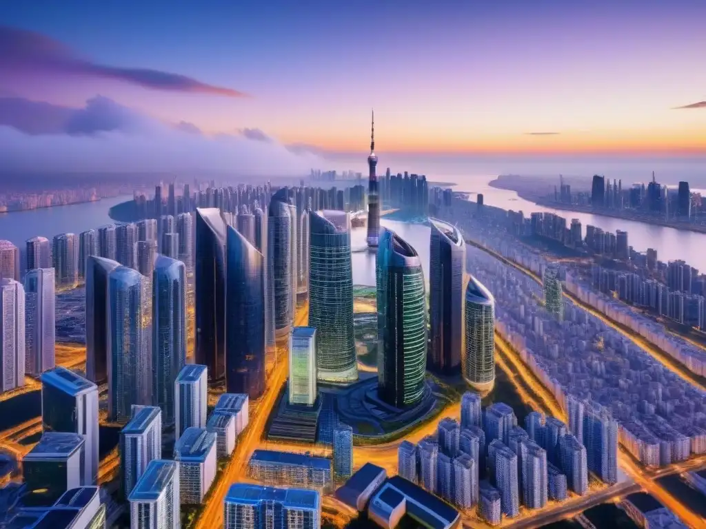 Horizonte futurista: ciudad avanzada al atardecer Vibrante ciudad futurista al anochecer con rascacielos iluminados reflejando el sol