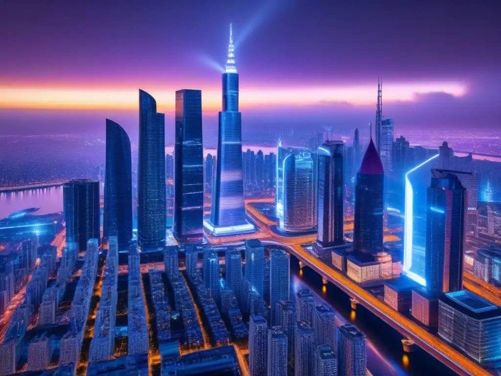 Metrópolis futurista: skyline brillante con luces de neón en 8k Vibrante ciudad futurista con rascacielos y luces de neón, reflejando Mercados inmobiliarios internacionales 2023