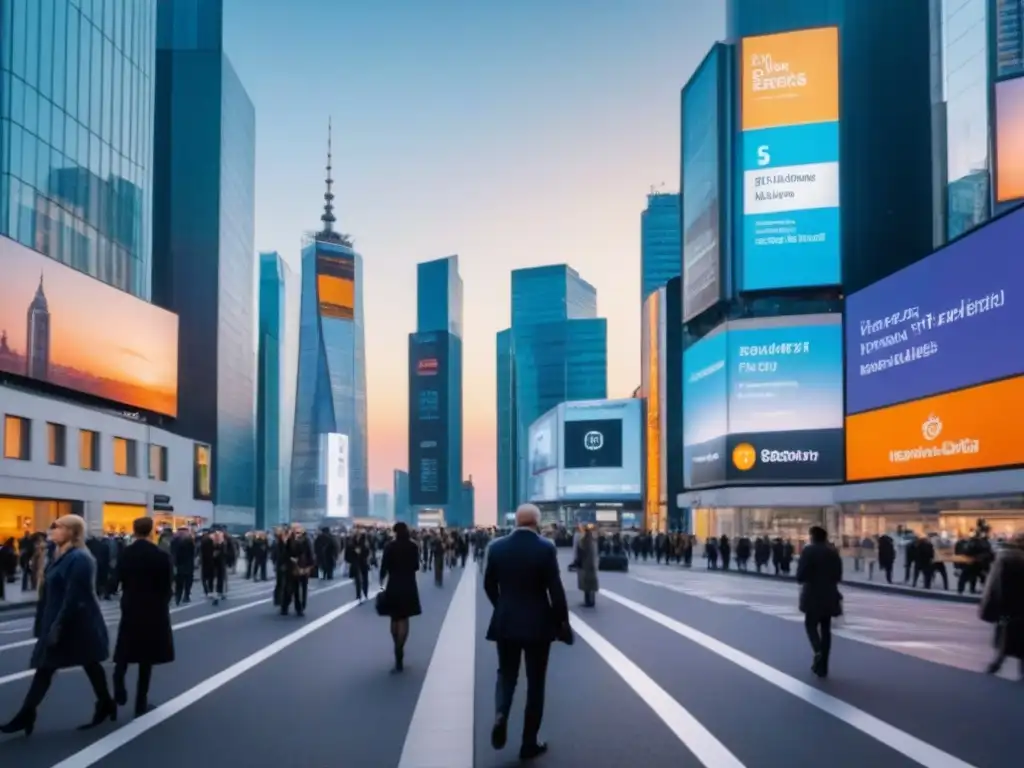 Inversión inmobiliaria postBrexit: escena futurista de la ciudad Vibrante ciudad futurista con rascacielos y carteles digitales, destacando la inversión inmobiliaria post Brexit