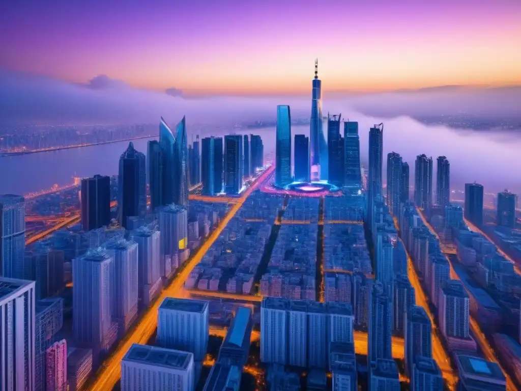 Metrópolis futurista: luces neón y drones en una ciudad vanguardista Vibrante ciudad futurista al anochecer con rascacielos de cristal, luces de neón y drones