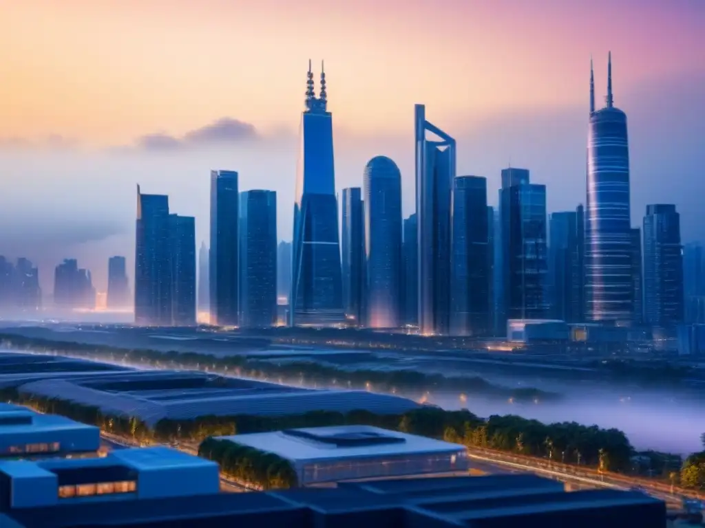 Skyline futurista: arquitectura innovadora en una ciudad vibrante Vibrante ciudad futurista con rascacielos innovadores y ambiente global