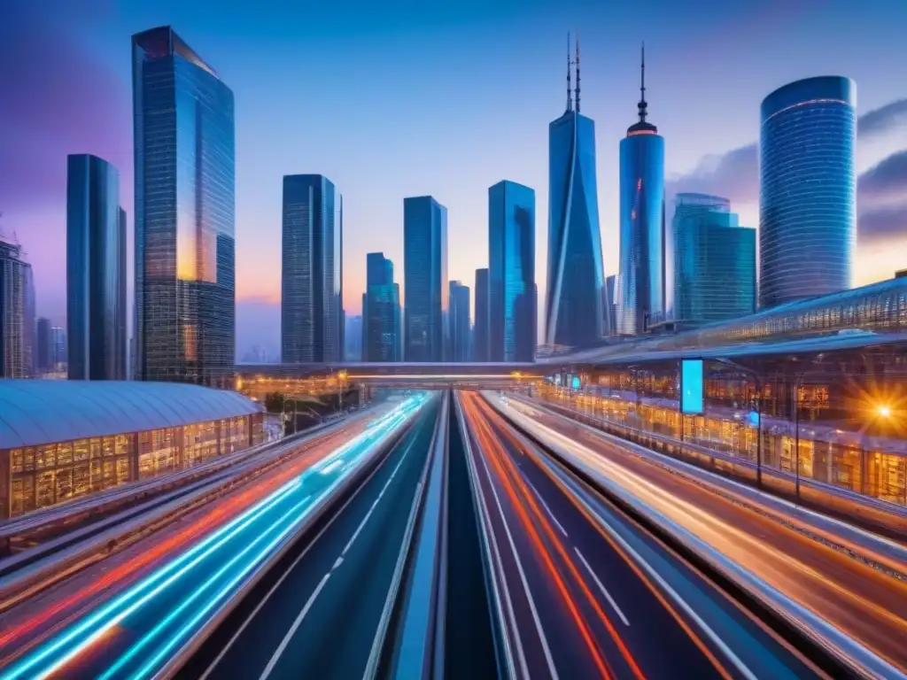 Vibrante ciudad futurista al anochecer con rascacielos y tecnología avanzada