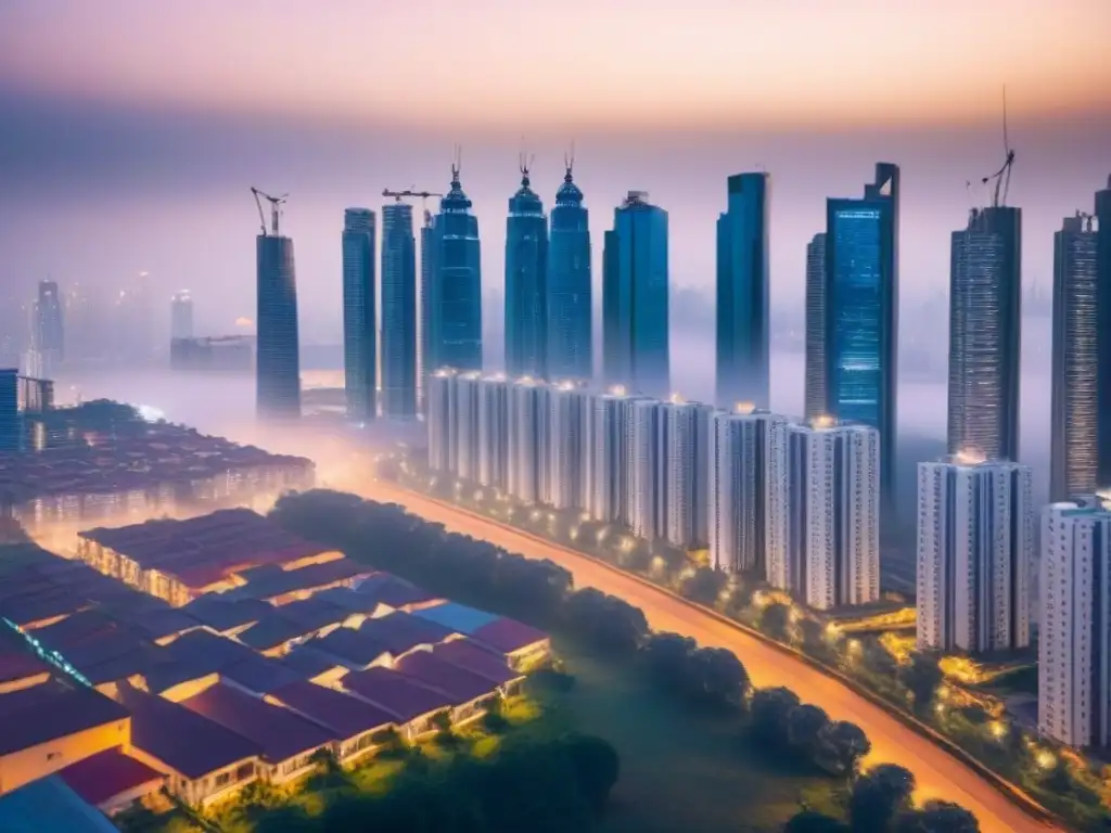 Metrópolis futurista: innovación en mercados emergentes Vibrante ciudad futurista con rascacielos innovadores y políticas de vivienda en mercados emergentes para inversores intrépidos