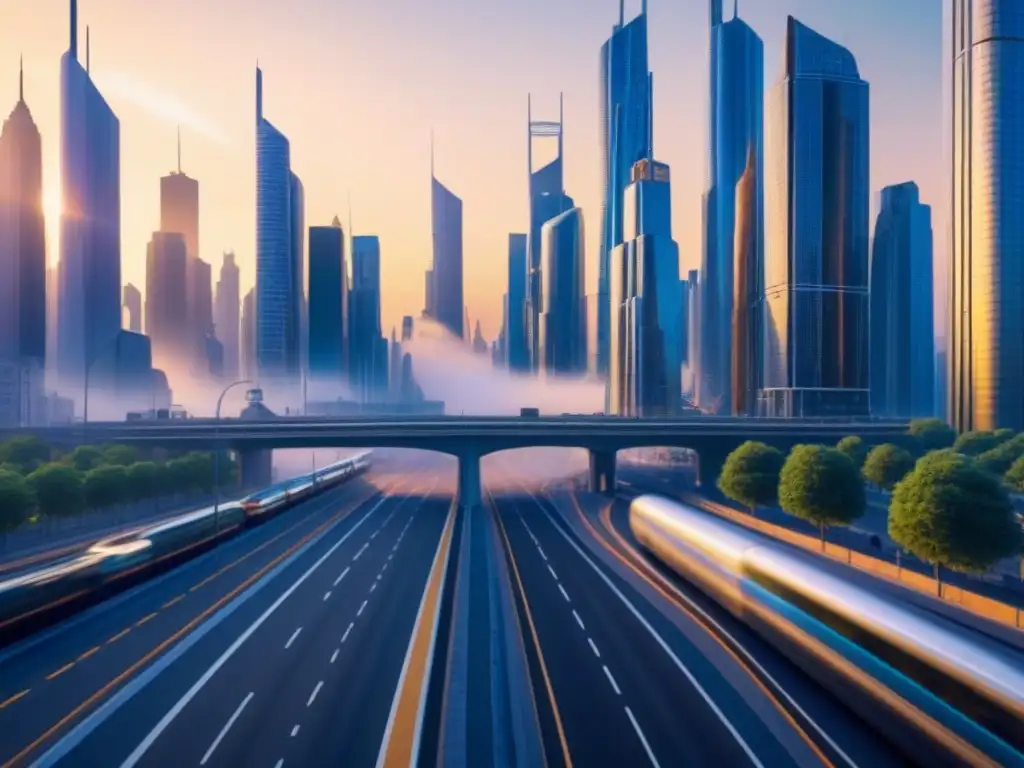 Metrópolis futurista: innovación y sofisticación urbana Vibrante ciudad futurista con rascacielos y sistemas de transporte avanzados, iluminados por el sol poniente