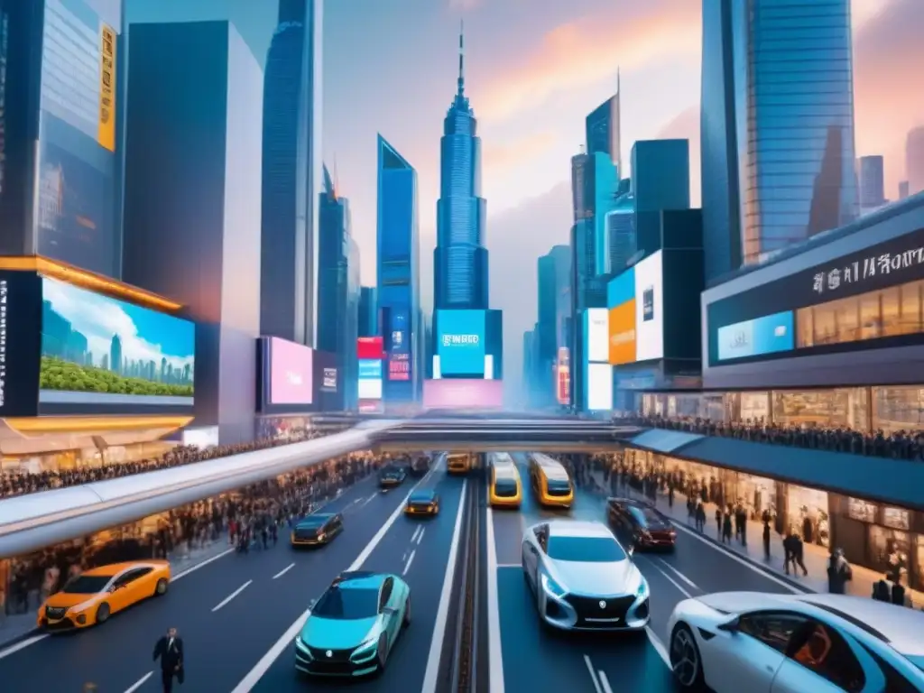 Ecosistema urbano futurista: metrópolis global en 8k Vibrante ciudad futurista con rascacielos y diversidad étnica, reflejando la innovación y cooperación internacionales en el mercado inmobiliario