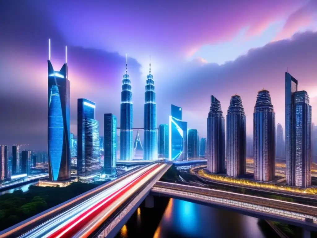 Metrópolis futurista: paisaje urbano 8k con rascacielos iluminados Vibrante ciudad futurista con rascacielos, puentes iluminados y trenes de alta velocidad