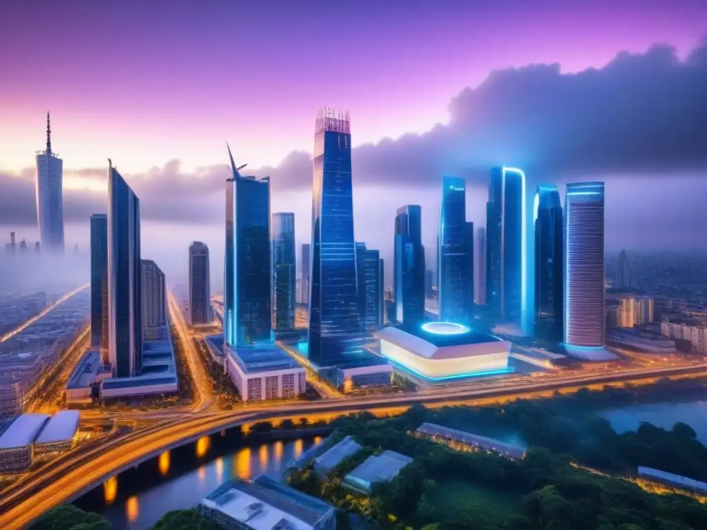 Metrópolis futurista: inteligencia artificial en edificios inteligentes Vibrante ciudad futurista al anochecer con rascacielos iluminados y tecnología de Inteligencia artificial en marketing inmobiliario