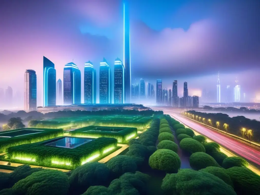 Futurismo urbano: Ciudad 8k vanguardista con naturaleza y tecnología Vibrante ciudad futurista con rascacielos y parques, iluminada por luces de neón